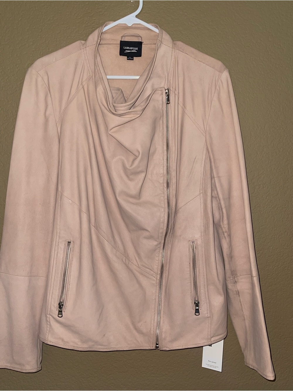 Lamarque Blush Pink Leather Asymmetrical Zip Jacket